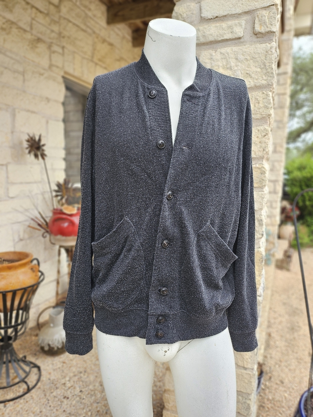 RRL Ralph Lauren Men's Charcoal Grey Thermal Lined Knit Varsity Cardigan L